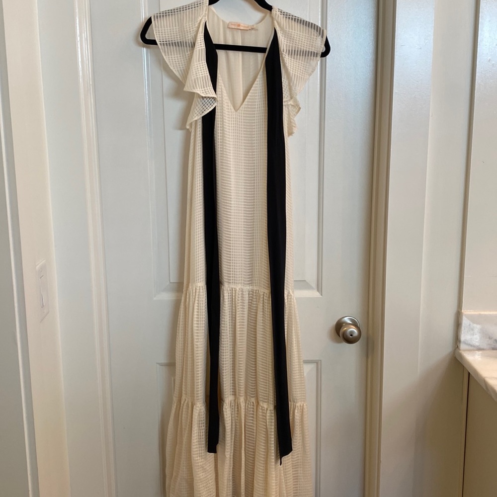 Tory Burch White Maxi Dress with Black Bow Detail